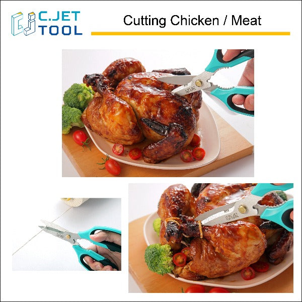 C.JET TOOL 8" Sharp Stainless Kitchen Scissors Meat Vegetables Herbs Food Cutting Shear Heavy Duty Cooking Scissors with Soft Grip Utility Multi-Purpose Carton Opening Tip Blade (Turquoise)