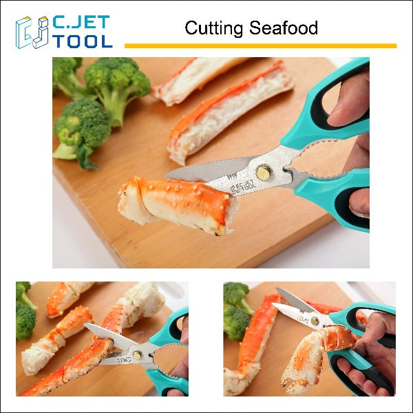 C.JET TOOL 8" Sharp Stainless Kitchen Scissors Meat Vegetables Herbs Food Cutting Shear Heavy Duty Cooking Scissors with Soft Grip Utility Multi-Purpose Carton Opening Tip Blade (Turquoise)