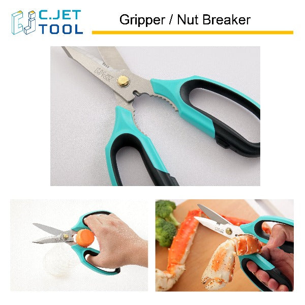 C.JET TOOL 8" Sharp Stainless Kitchen Scissors Meat Vegetables Herbs Food Cutting Shear Heavy Duty Cooking Scissors with Soft Grip Utility Multi-Purpose Carton Opening Tip Blade (Turquoise)