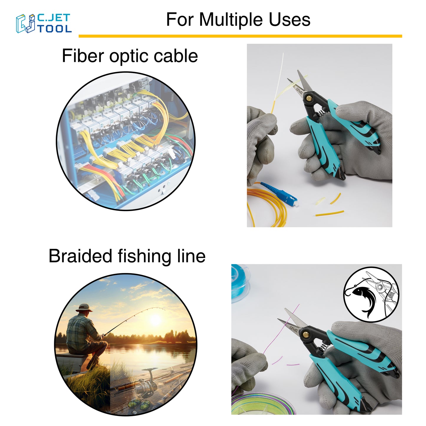 C.JET TOOL Precision Braided Fiber Optic Scissors, Wire Kevlar Cutter, Fiber Optic Tools for Optic Cable, Kevlar Fabric, Braided Fishing Line, Gardening, Carton Opening, Ergonomic Handle Design